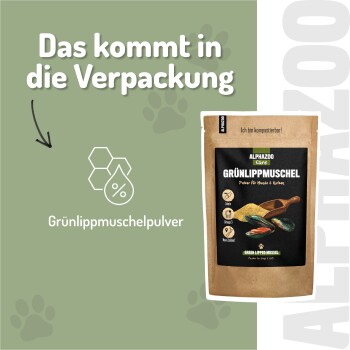Die Verpackung von Alphazoo's "Grünlippmuschel" Pulver für Pferde fördert die Beweglichkeit, eignet sich für alle Rassen/Alter, umweltfreundlich, kein Muskelextrakt.