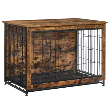 Holz-Haustierkäfig mit einem schwarzen Metallrahmen, mit einem geräumigen Innenraum und zwei abschließbaren Türen.