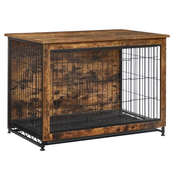 Holz-Haustierkäfig mit einem schwarzen Metallrahmen, mit einem geräumigen Innenraum und zwei abschließbaren Türen.