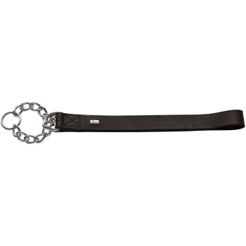 Schwarze Haustierleine mit Kettenbefestigung und kleinem Logoanhänger, mit einem robusten Design für das Gassigehen mit Hunden.