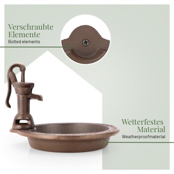 Ein vintage-stil Haustier-Wasserbrunnen mit wetterfestem Design und breitem Becken, mit verschraubten Elementen.