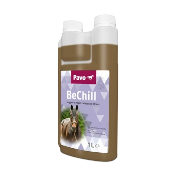 Pavo BeChill Nahrungsergänzungsmittel-Flasche, 1L, beschriftet mit 'unterstützt die schnelle Freisetzung von Stress' mit einem Pferdebild und Ansprüchen auf natürliche Zutaten.