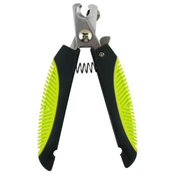Haustier-Nagelknipser mit Klingen aus rostfreiem Stahl und ergonomischen schwarzen und grünen Gummigriffen, entworfen für sichere und einfache Anwendung.