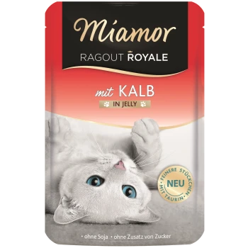 Saszetka karmy dla kotów Miamor Ragout Royale z zabawnym białym kotem o niebieskich oczach, oznaczona 'mit Kalb in Jelly' i 'NEU.'