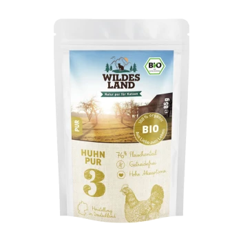 Opakowanie organicznej karmy dla kotów Wildes Land z malowniczym tłem i etykietami: '100% organiczne', 'Huhn Pur' i '76% zawartości mięsa.'