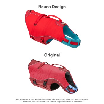 Bild, das ein neues Design und das Originaldesign einer roten Hundeschwimmweste vergleicht, mit dem Text 'Neues Design' und 'Original.'