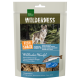 Real Nature Wilderness Fish Snack package with wild salmon cubes, featuring a wolf in a forest and "100% Alaska Wild Salmon" text.