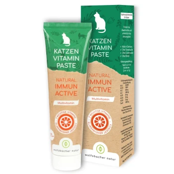 Katzen-Vitaminpaste, ein natürliches Multivitamin für Katzen, mit 'Natural Immun Active' auf der Tube und der Box, in einem grünen und braunen Design.