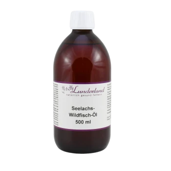 Bernsteinfarbene 500-ml-Flasche mit der Aufschrift „Lunderland“ und „Seelachs‑Wildfisch‑Öl 500 ml“ sowie weißer Schraubkappe.