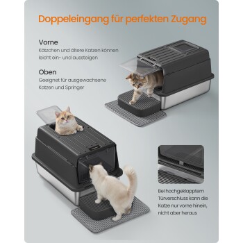 Überdachte Katzenstreu-Box mit Ober- und Frontöffnungen, zwei Katzen; deutscher Text 'Doppeleingang für perfekten Zugang'
