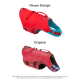 Bild, das ein neues Design einer roten Hundeschwimmweste (oben) mit der Originalversion (unten) vergleicht, mit verstellbaren Riemen.
