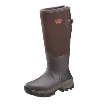 Brauner und grauer wasserdichter Outdoor-Stiefel mit robustem Profil und orangefarbenem Büffel-Logo mit der Aufschrift "Gateway 1".