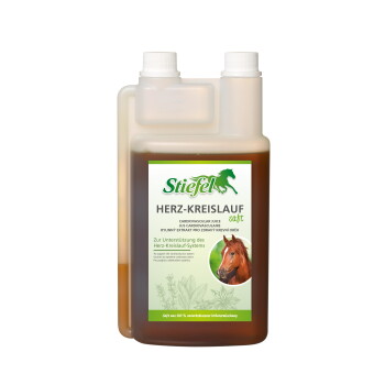 Messflasche des Stiefel HERZ-KREISLAUF Safts, ein Herz-Kreislauf-Ergänzungspräparat für Pferde mit Pferdefoto auf dem Etikett.