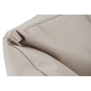 Nahaufnahme eines weichen, beigen Haustierbettes mit strukturiertem Stoff und einer ordentlich genähten Kante, das sein komfortables Design zeigt.