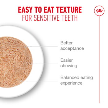Soft pet food patty; text: Easy to eat texture for sensitive teeth; notes: better acceptance, easier chewing.