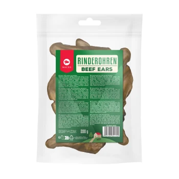 Rinderohren 200g Eine durchsichtige Plastiktüte mit Rinderohren für Hunde, beschriftet mit "Rinderohren" und "Beef Ears," mit detaillierten Nährwertinformationen auf der Rückseite.