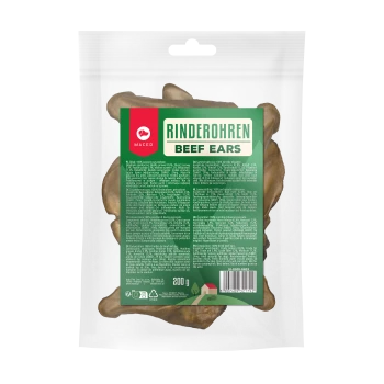 Eine durchsichtige Plastiktüte mit Rinderohren für Hunde, beschriftet mit "Rinderohren" und "Beef Ears," mit detaillierten Nährwertinformationen auf der Rückseite.