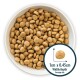 Bowl of small, round pet food kibble, with an average size of 1cm x 0.45cm, displayed on a white background.