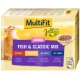 Une boîte de nourriture pour chats MultiFit Junior Fish & Classic Mix avec un chaton orange joueur, mettant en avant les saveurs de bœuf, de poulet, de saumon et de hareng.