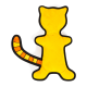 Ein leuchtend gelbes katzenförmiges Plüschtier mit einem gestreiften orangefarbenen Schwanz, mit einer gesteppten Textur und schwarzem Rand.