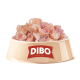 Schüssel mit gewürfeltem rohem Fleisch für Haustiere, markiert DIBO, mit dem Text "Für die Besten das Beste" auf einer beigen Schüssel.