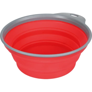 Czerwona składana miska dla zwierząt z szarym brzegiem i uchwytem, zaprojektowana do łatwego przechowywania i przenoszenia.