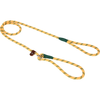 Laisse pour chien à carreaux jaunes et verts avec une poignée en cuir et un clip en métal, étalée sur un fond blanc.