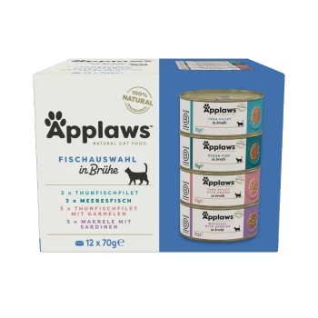 Applaws natürliche Katzenfutterpackung mit vier Dosen: Thunfischfilet, Meeresfisch, Thunfisch mit Garnelen und Makrele mit Sardinen in Brühe.