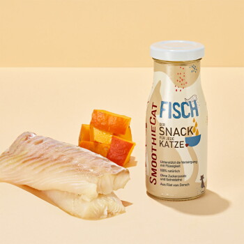 Flasche SmoothieCat Fischsnack für Katzen neben rohem Fischfilet und orangen Gemüsestücken auf beigem Hintergrund.
