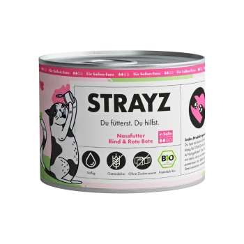 Dose mit STRAYZ Nassfutter für Hunde, die Rindfleisch und Rote Beete enthält, mit einer verspielten Katzenillustration und dem Text "Du fütterst. Du hilfst."