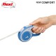 A hand holding a blue Flexi retractable dog leash with a white cord, featuring the text "NEW COMFORT" and the Flexi logo.