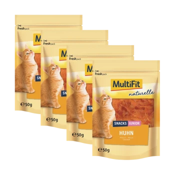 Vier 50g Beutel von MultiFit Katzensnacks mit der Aufschrift "Huhn" (chicken), mit verspielten orangen Katzen auf gelbem Hintergrund.