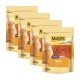Vier 50g Beutel von MultiFit Katzensnacks mit der Aufschrift "Huhn" (chicken), mit verspielten orangen Katzen auf gelbem Hintergrund.