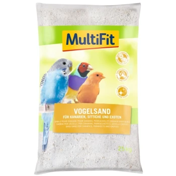 Vogelsand 25 kg Eine Tüte MultiFit Vogelsand mit der Aufschrift 'VOGELSAND' für Kanarienvögel, Wellensittiche und exotische Vögel, mit bunten Vögeln auf der Vorderseite.