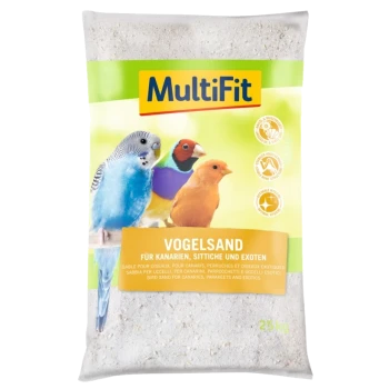 Eine Tüte MultiFit Vogelsand mit der Aufschrift 'VOGELSAND' für Kanarienvögel, Wellensittiche und exotische Vögel, mit bunten Vögeln auf der Vorderseite.