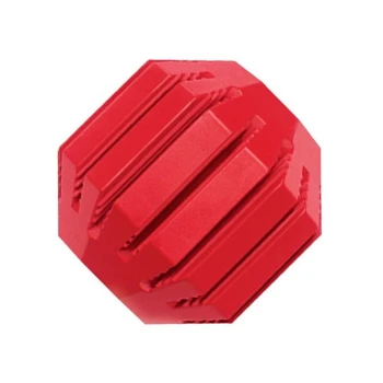 Snackball Stuff-A M Rotes Gummispielzeug für Haustiere in Form eines Achtecks mit strukturierten Rillen für besseren Halt und Kauen.
