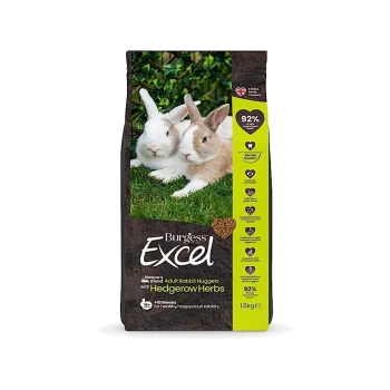 Burgess Excel Adult Rabbit Nuggets with Hedgegrow Herbs, 1.5kg, featuring two rabbits on grass, with 92% natural ingredients.
