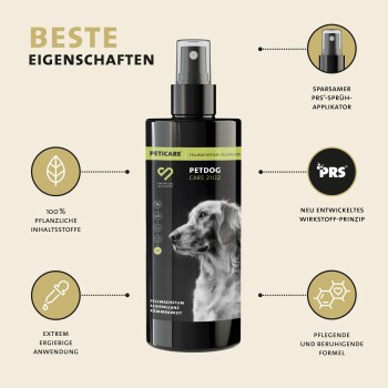 Flasche Peticare Petdog Care 2102, mit einer Hundesilhouette, mit Text, der 100% pflanzliche Inhaltsstoffe und eine beruhigende Formel hervorhebt.