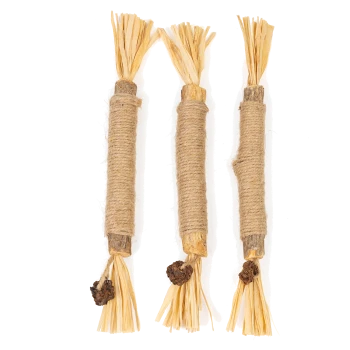 Drei natürliche Katzenminze-Sticks, die in Schnur gewickelt sind, mit ausgefransten Enden und kleinen, zapfenähnlichen Anhängern, auf einem weißen Hintergrund.