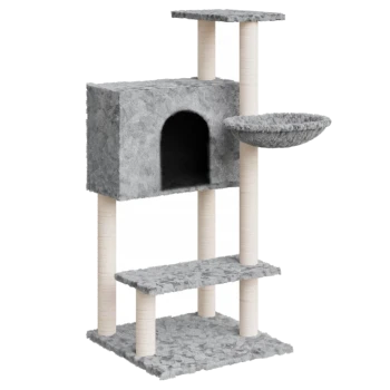 Grauer Katzenbaum mit einem gemütlichen Versteck, zwei Plattformen und einer weichen, schalenförmigen Sitzgelegenheit, entworfen für das Spiel und die Ruhe von Katzen.