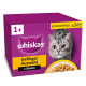 Lila Whiskas Katzenfutterverpackung mit grau-getigerter Katze; Text: 'Whiskas', 'Geflügel Auswahl in Sauce', '1+', 'VORRATSPACK x24'.