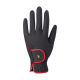 Schwarze Haustierpflegehandschuh mit roten Akzenten, mit einer strukturierten Oberfläche und einem Handgelenkband mit einem Handlogo.