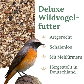 Gemischte Vogelfuttermischung und kleiner Vogel mit orangefarbener Brust; Etikett 'Deluxe Wildvogelfutter' mit vier deutschen Aufzählungspunkten