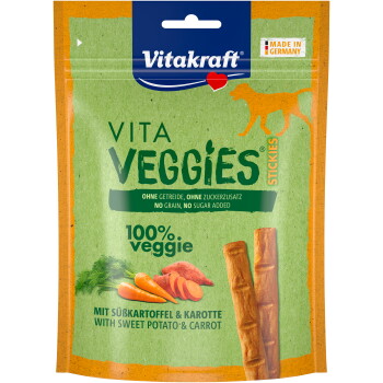 Friandises Vitakraft Vita Veggies Stickies pour animaux — 100 % végétal ; sans céréales, sans sucres ; patate douce et carotte ; fabriquées en Allemagne.