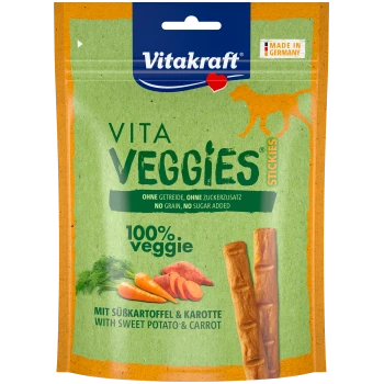 Friandises Vitakraft Vita Veggies Stickies pour animaux — 100 % végétal ; sans céréales, sans sucres ; patate douce et carotte ; fabriquées en Allemagne.