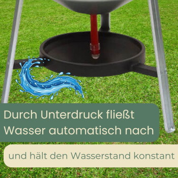 Automatische Tränkdüse für Haustiere über einer Schale auf Gras; deutscher Text: 'Durch Unterdruck fließt Wasser automatisch nach'