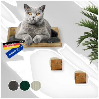 Graue Katze mit bernsteinfarbenen Augen, die auf einem hölzernen Wandregal ruht, mit Etiketten „Deutsche Marke“ und „Made in EU“ neben einer grünen Pflanze.