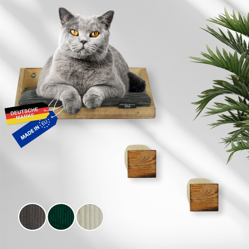 Rohrschneider ® Kletterwand Massiv, Wandelement, Katzenbett mit 2 Katzentreppen, waschbares Kissen dunkelgrau