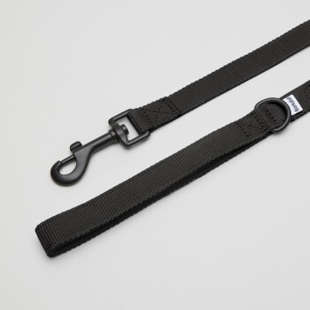 Schwarze Hundeleine mit einem stabilen Clip und einem strukturierten Griff, flach auf einem hellgrauen Hintergrund ausgelegt.