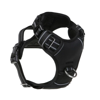 Schwarzes gepolstertes Hundegeschirr mit reflektierenden Streifen, verstellbaren Riemen, Metall-D-Ring und „DOOG“-Logo auf den Schnallen.